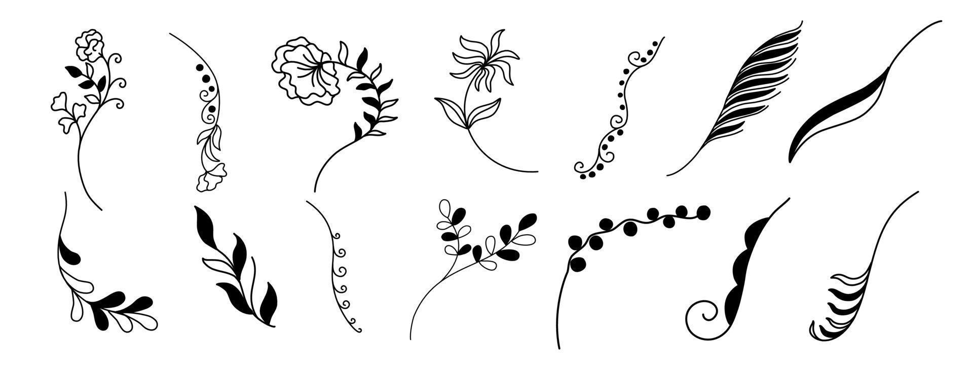 bloemen- en bladerenelementen ontworpen in zwarte tinten voor decoraties, kaarten, achtergronden, kaders, randen, papierpatronen, stoffenpatronen, lentethema-decoraties, scrapbooking en meer. vector