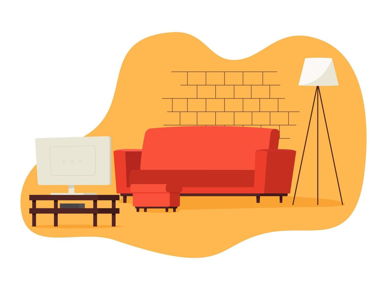 kleurrijke woonkamer met bank, tv en voetenbank. gecapitonneerde kruk. platte vectorillustratie vector