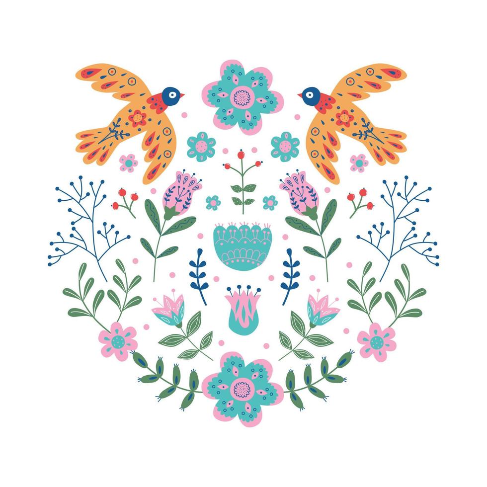 vector ornament met verschillende vogels, bloemen en bladeren met verschillende folk composities. motief in scandinavische stijl.