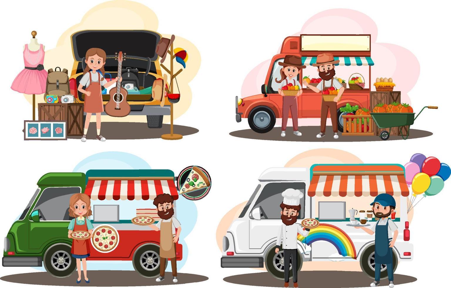 vlooienmarktconcept met set van verschillende foodtrucks vector