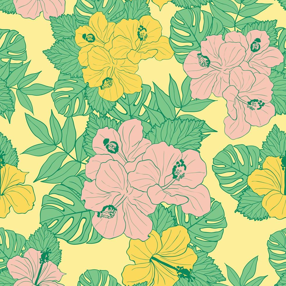 hibiscus bloemen en bladeren naadloze patroon achtergrond. tropische natuur inpakpapier of textielontwerp. mooie print met handgetekende exotische bloem. vector