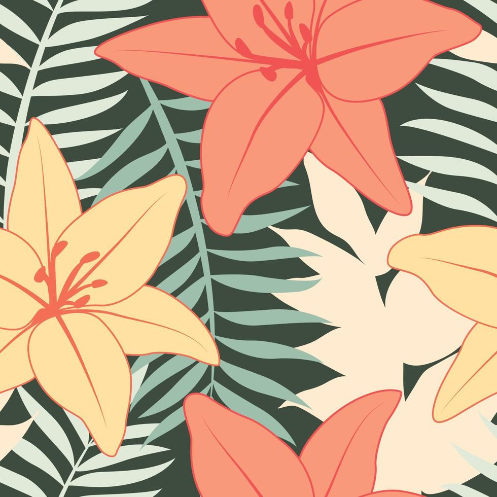 prachtige tropische lelie bloemen en bladeren naadloos patroonontwerp. tropische bladeren, monstera blad naadloze bloemmotief achtergrond. trendy Braziliaanse illustratie vector