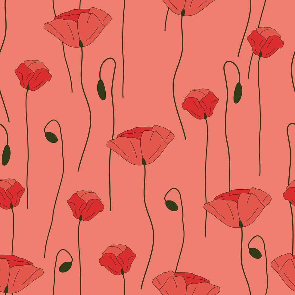 modern wild bloemen naadloos patroonontwerp. naadloze patroon met lente papaver bloemen en bladeren. hand getekende achtergrond. bloemmotief voor behang of stof. botanische tegel. vector