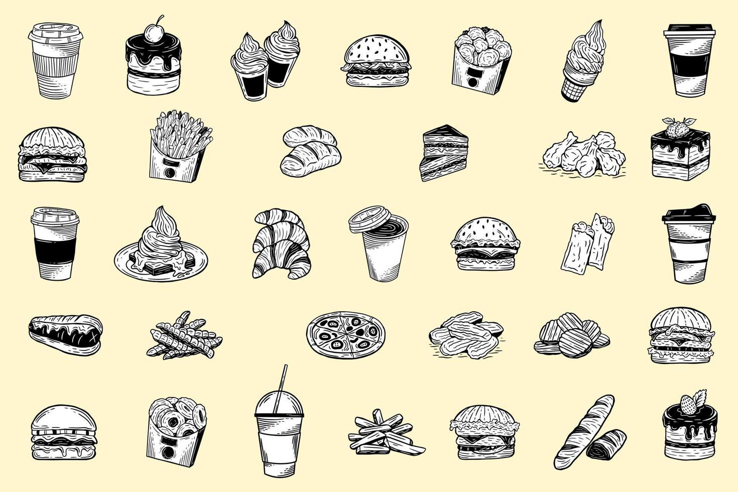set mega verzameling handgetekende frietjes bak fastfood koffie verpakking menu café restaurants illustratie vector