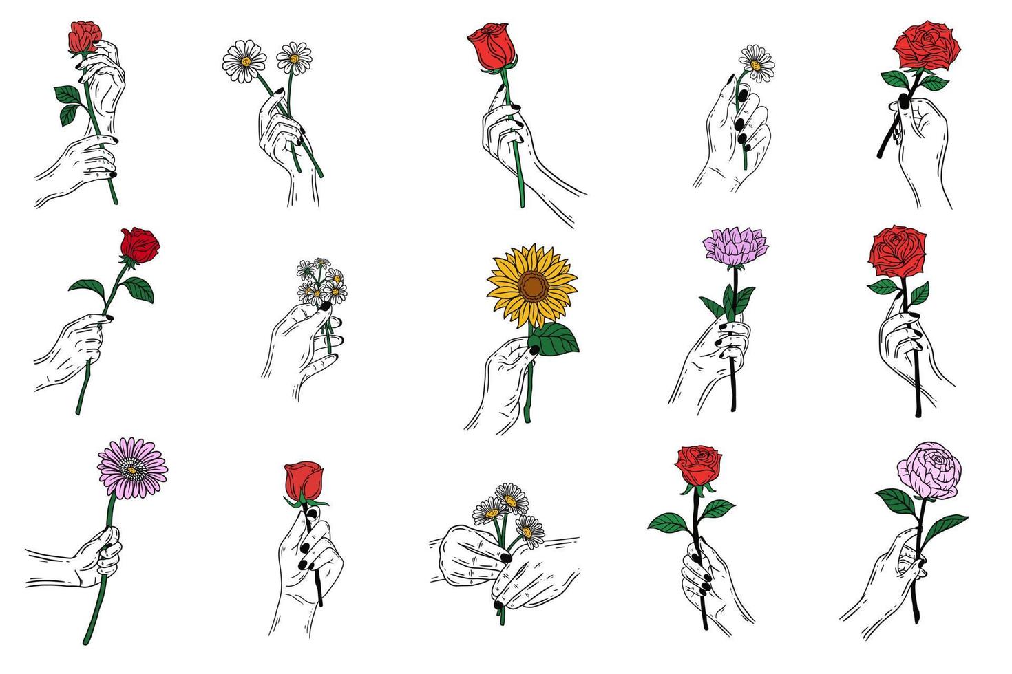 set mega collectie bundel vrouwen hand met roos bloem gebaar platte lijn kunst illustratie vector