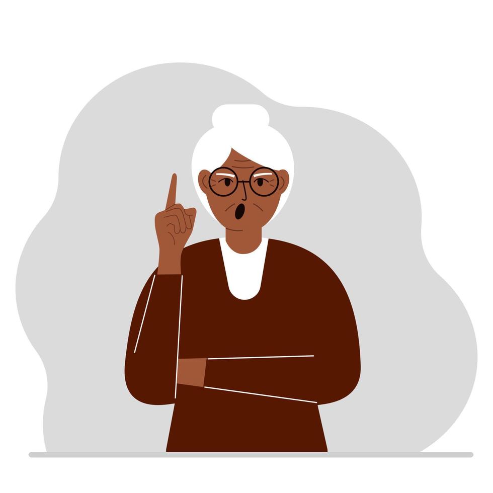 schreeuwende grootmoeder die zijn wijsvinger omhoog houdt. platte vectorillustratie vector