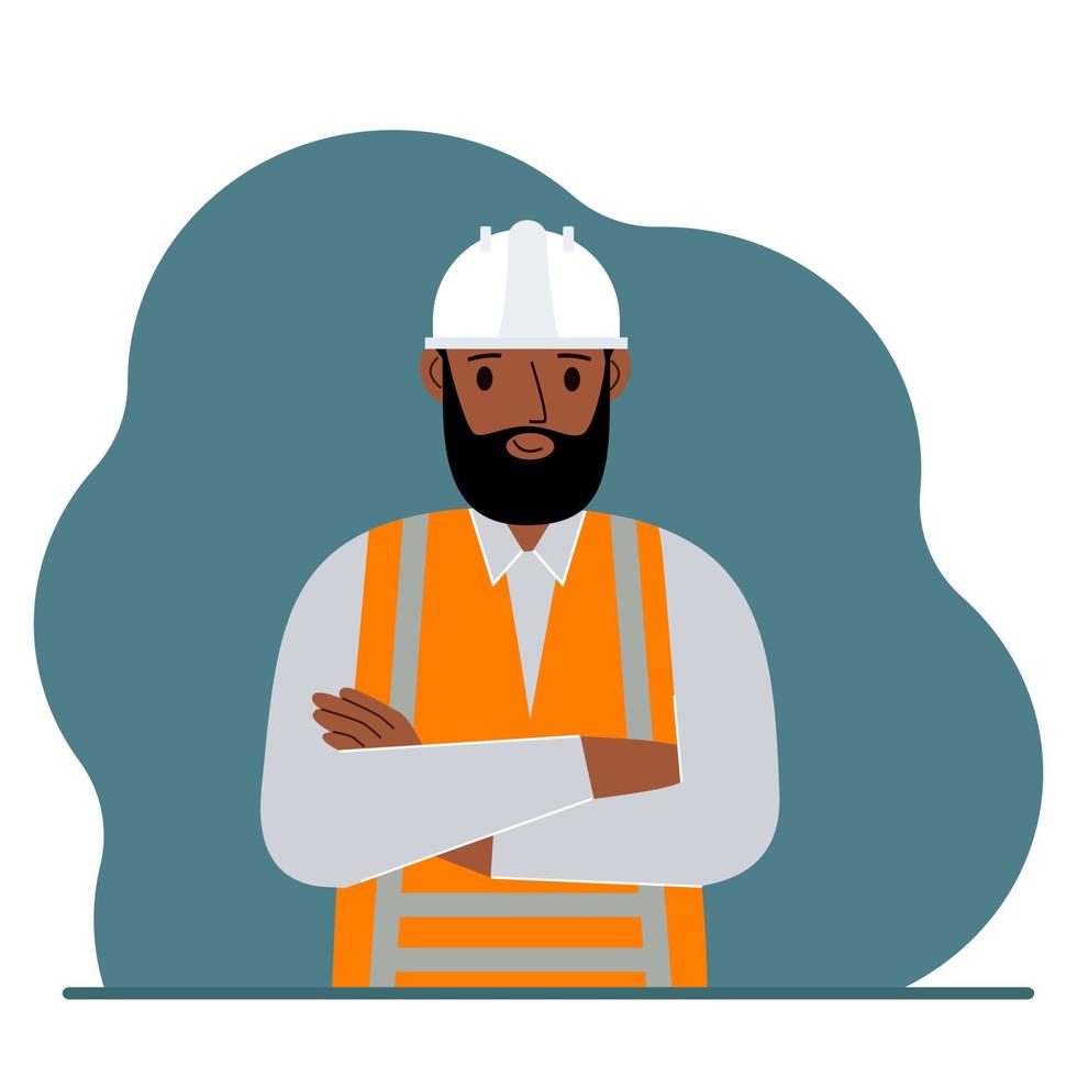 lachende man bouwvakker in een witte helm en een oranje vest. platte vectorillustratie vector
