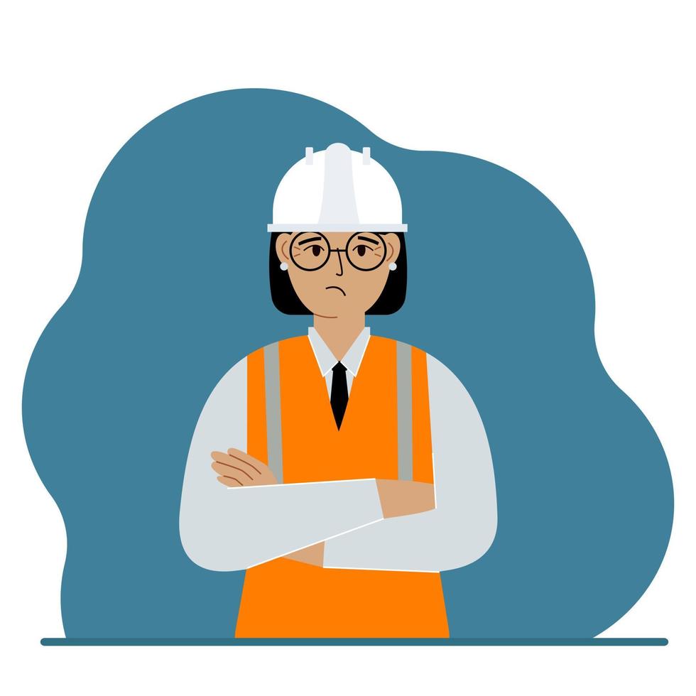trieste vrouw bouwvakker in een witte helm en een oranje vest. ingenieur. platte vectorillustratie vector