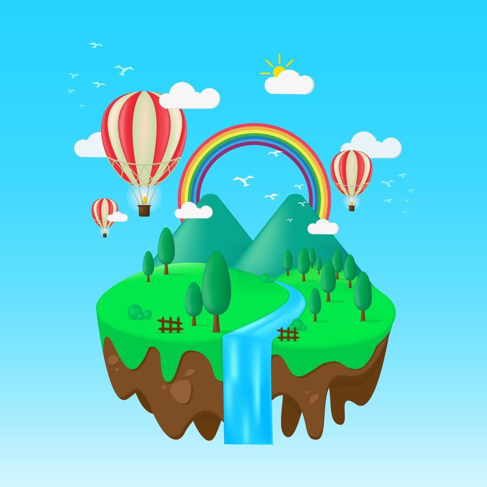 drijvend eiland in vlakke afbeelding. regenboog panorama illustratie. vector
