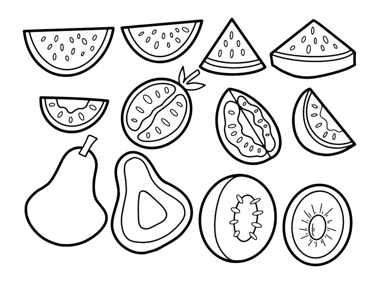 verzameling gesneden groenten en fruit doodle illustratie vector
