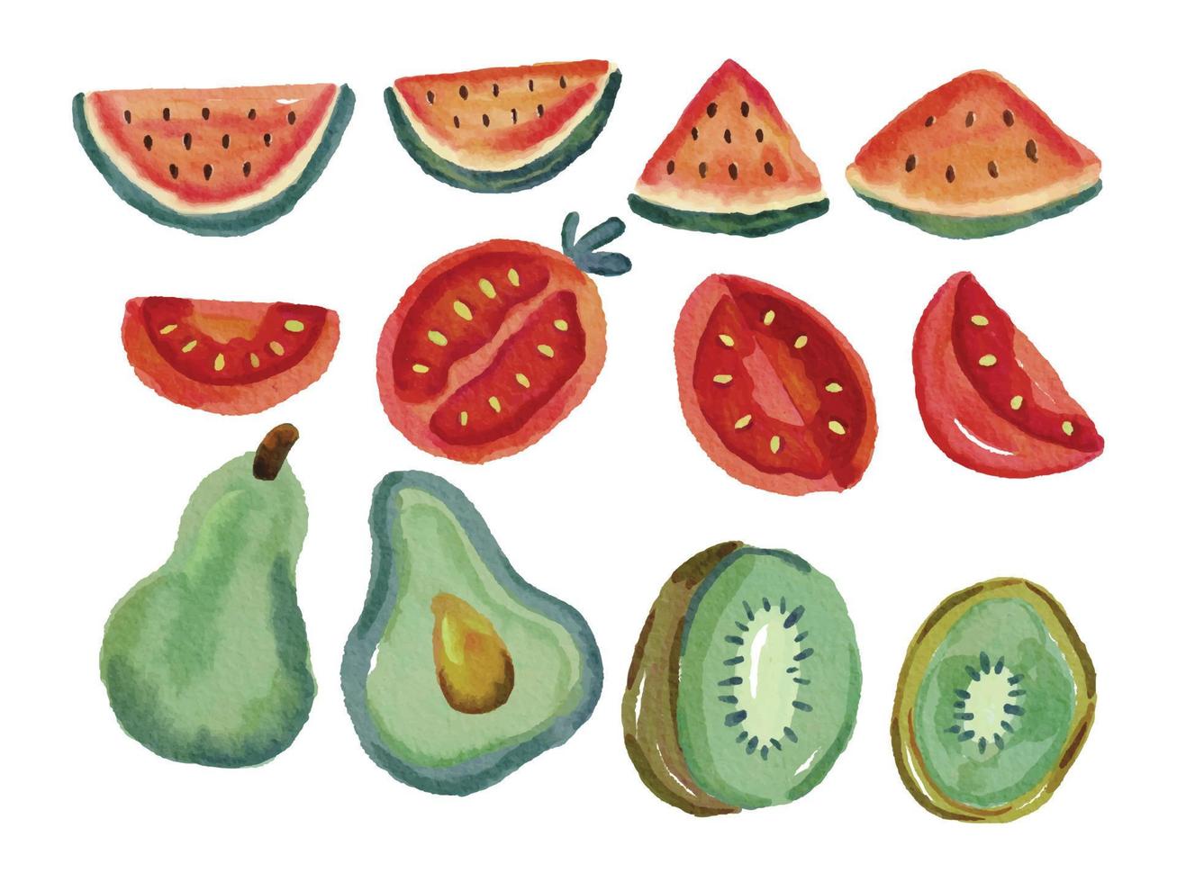 collectie van gesneden groenten en fruit aquarel illustratie vector