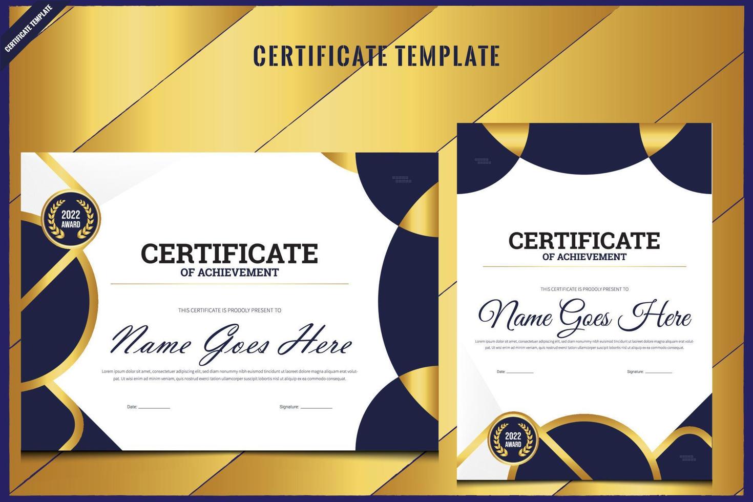 certificaatontwerpsjabloon, creatief certificaatontwerp, premium gouden marineblauw certificaatsjabloonontwerp., diplomasjabloonontwerp, certificaat van waardering ontwerp. blauw en goud, mockup, advertenties vector