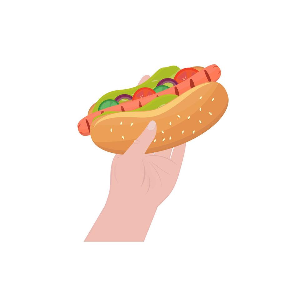 hotdog in de hand. gegrilde worst, groenten ingebed in een tarwebroodje. fastfood, betaalbare snacks. nationale hotdog dag ontwerpsjabloon. vectorillustratie, plat vector