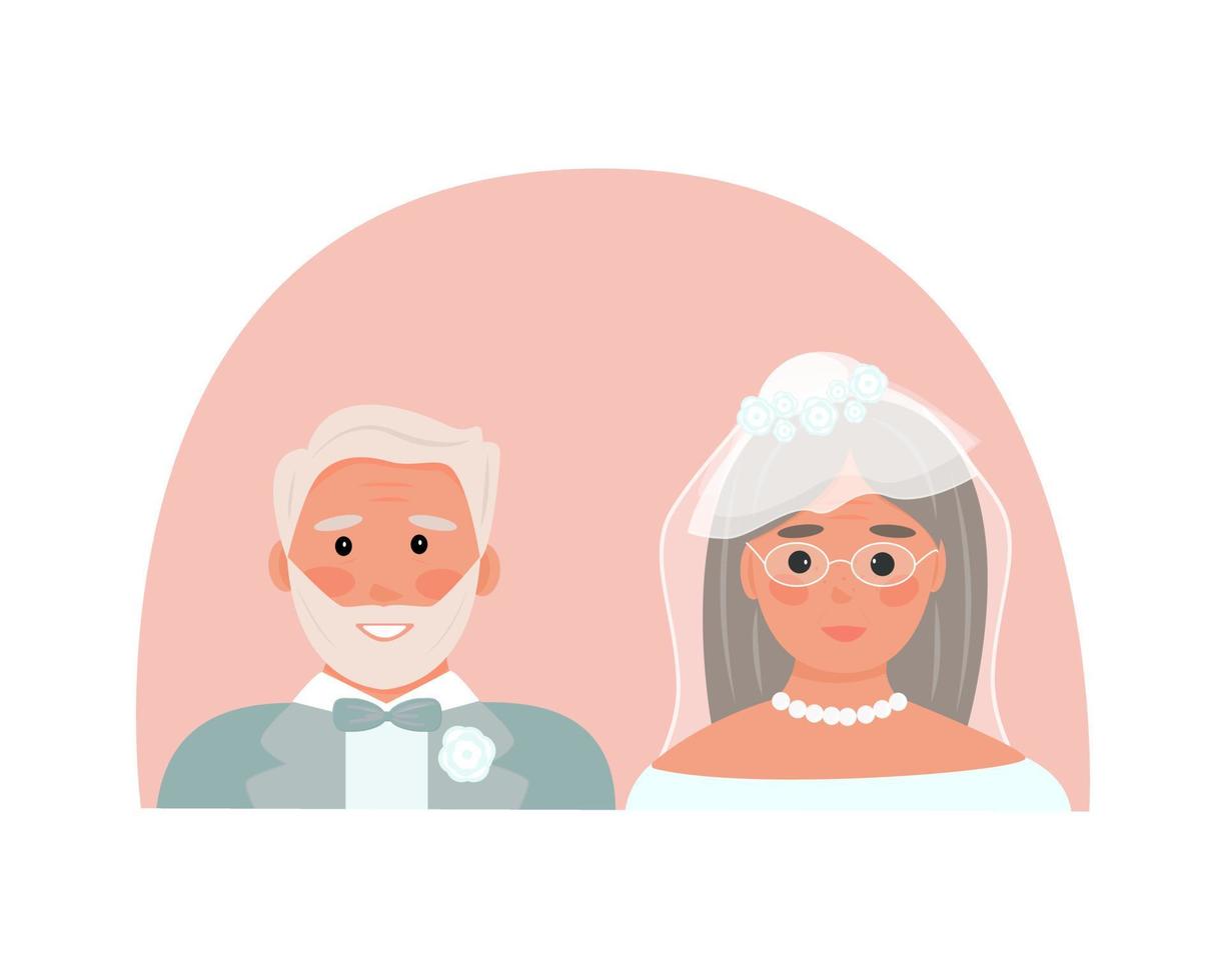 bejaarde bruiloft. gepensioneerden trouwden. oude man in smoking en vrouw met sluier op haar hoofd. universeel concept van huwelijksregistratie, jubileum. roze achtergrond. vectorillustratie, plat vector