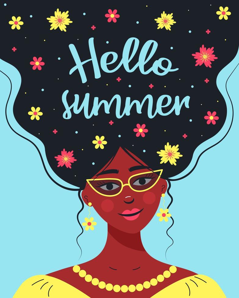 mooi Afrikaans meisje met zonnebril. hallo zomercitaat en bloemen in haar haar. vector