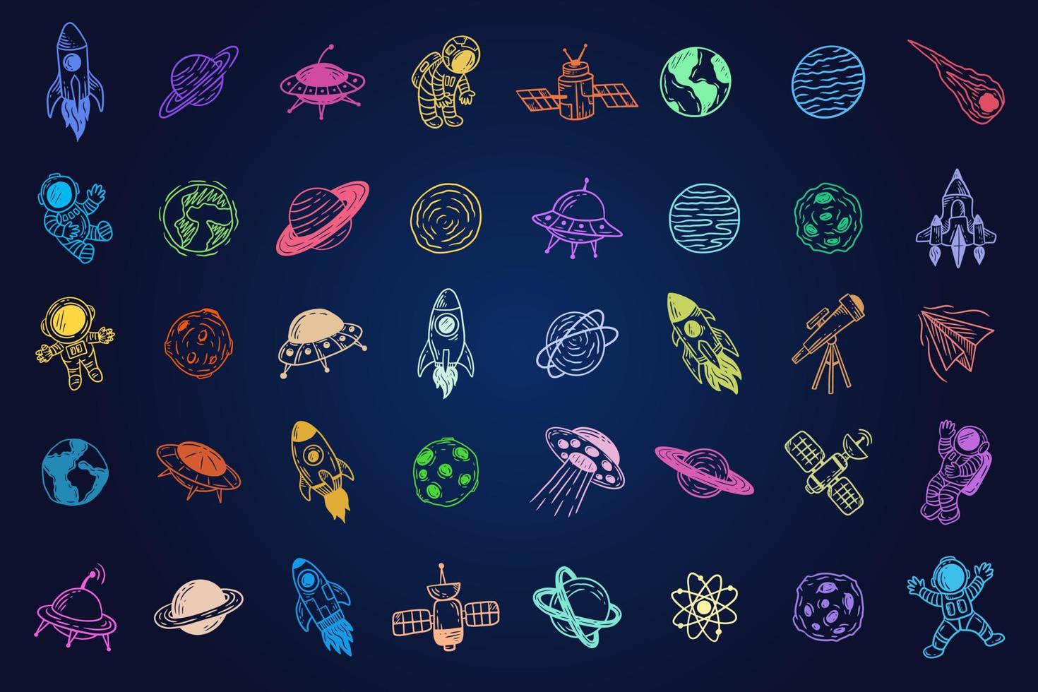 set mega collectie bundel planetaire ruimte melkweg planeten cartoon astronaut handgetekende kleurrijke doodle platte kunst vector