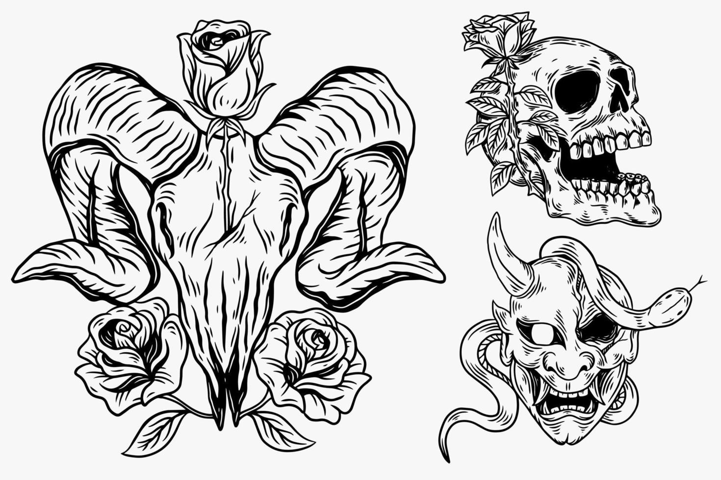 set donkere illustratie schedel hoofd botten handgetekende arcering schets stijl voor tattoo merchandise t-shirt merch vintage vector