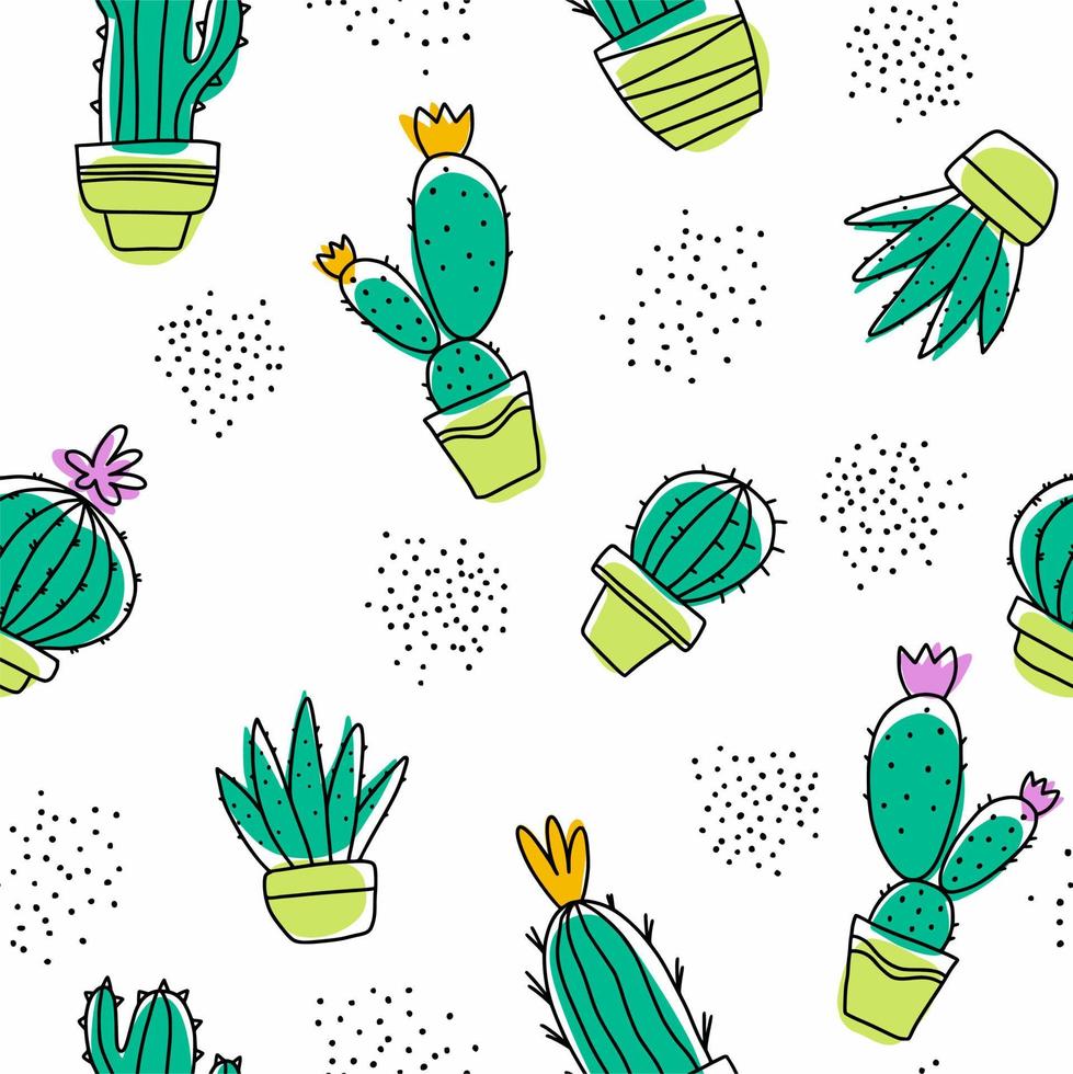 een patroon van cactussen in bloempotten. krabbels. vector