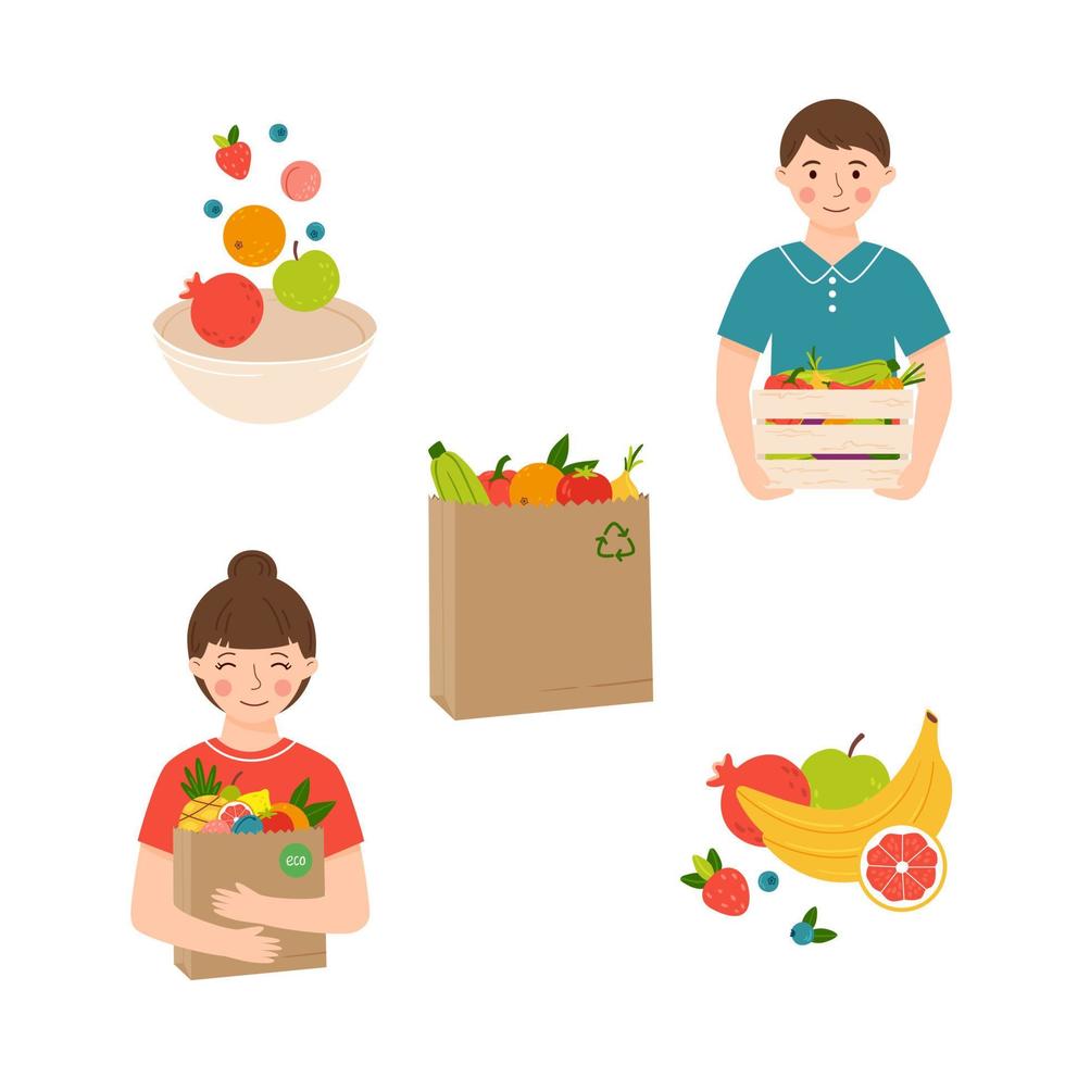 illustratie van gezonde voeding, levensstijl, milieuvriendelijke verpakking, recycling, concept zonder afval vector