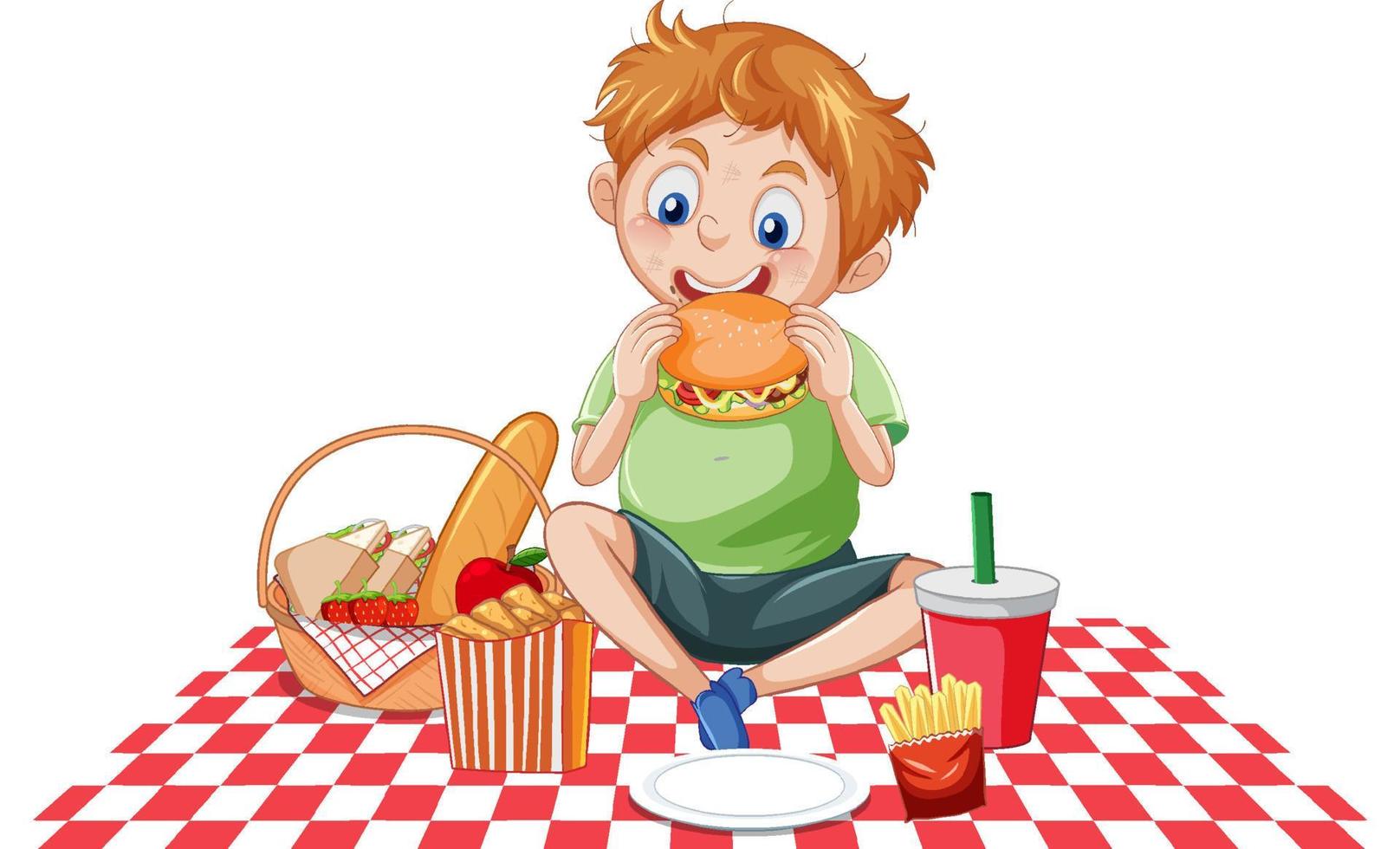 een jongen eet graag fastfood vector