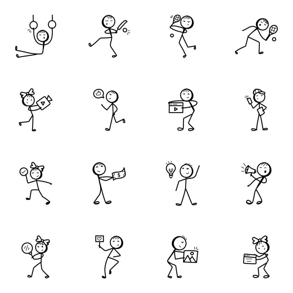 games en media doodle stick figure iconen vector