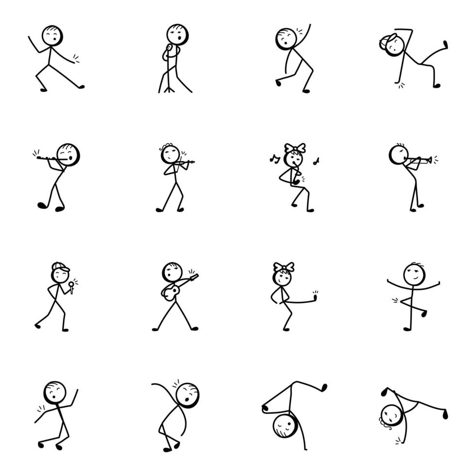 dansen en muziek stok figuur schetsmatige pictogrammen vector