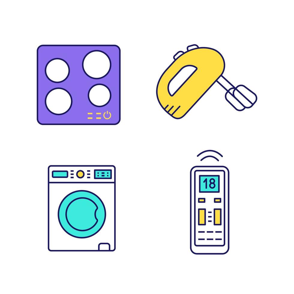 huishoudelijke apparaten kleur pictogrammen instellen. elektrische inductiekookplaat, handmixer, wasmachine, afstandsbediening voor airconditioning. geïsoleerde vectorillustraties vector