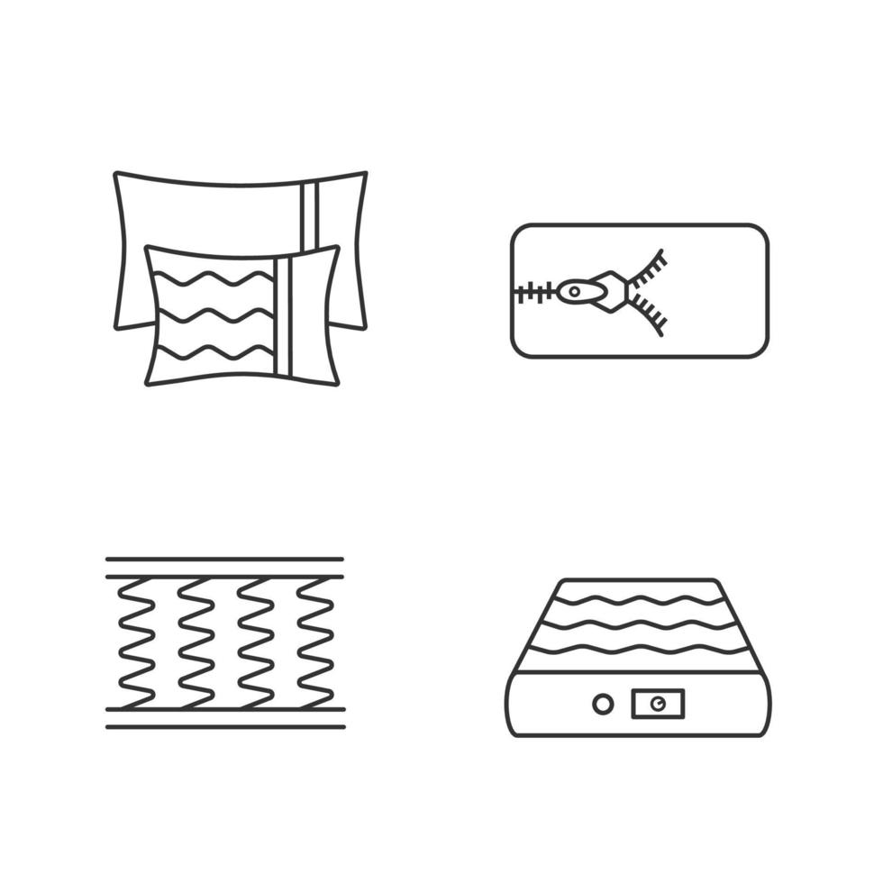 orthopedische matras lineaire pictogrammen instellen. kussens, afneembare hoes, veren- en luchtbedden. dunne lijn contour symbolen. geïsoleerde vectoroverzichtsillustraties. bewerkbare streek vector