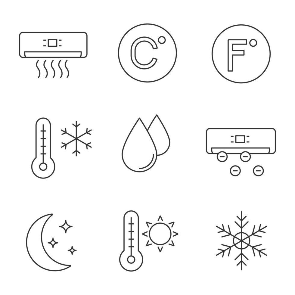 airconditioning lineaire pictogrammen instellen. conditioner, celsius, fahrenheit, winter- en zomertemperatuur, waterdruppel, ionisator, nachtmodus, sneeuwvlok. geïsoleerde vectoroverzichtsillustraties. bewerkbare streek vector