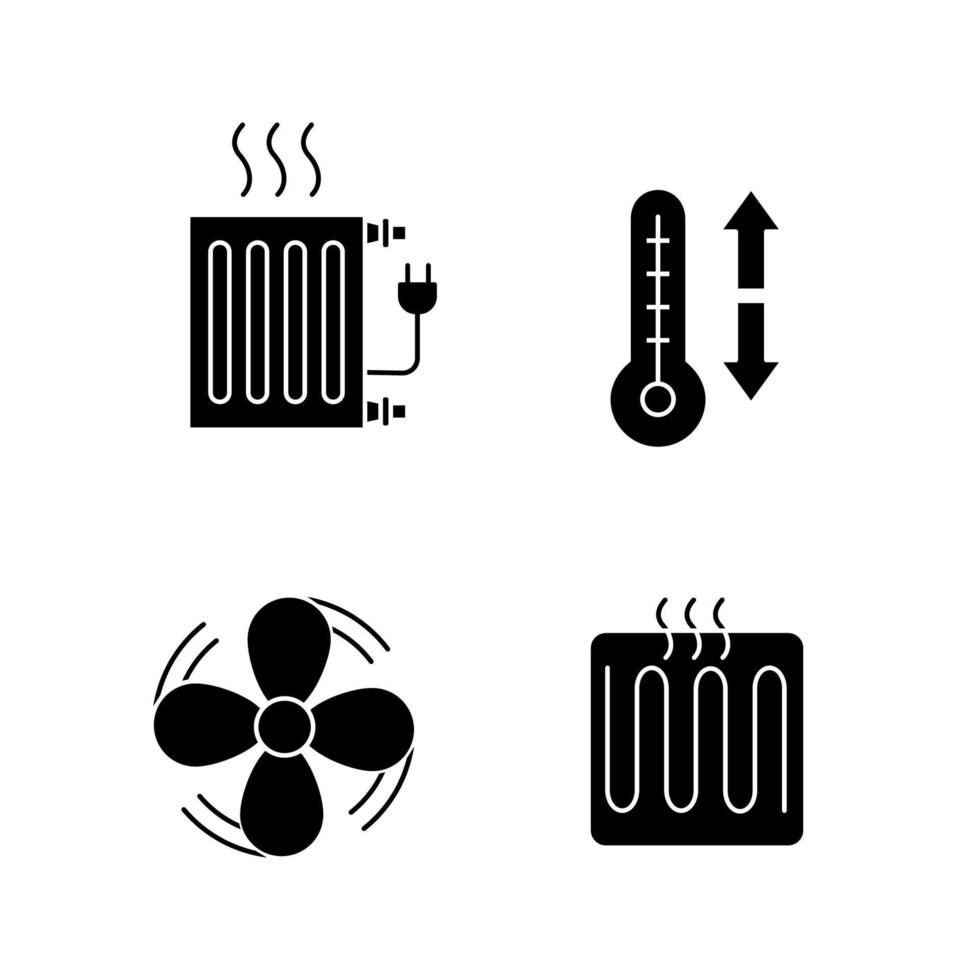 airconditioning glyph pictogrammen instellen. elektrische radiator, climate control, afzuigventilator, verwarmingselement. silhouet symbolen. vector geïsoleerde illustratie