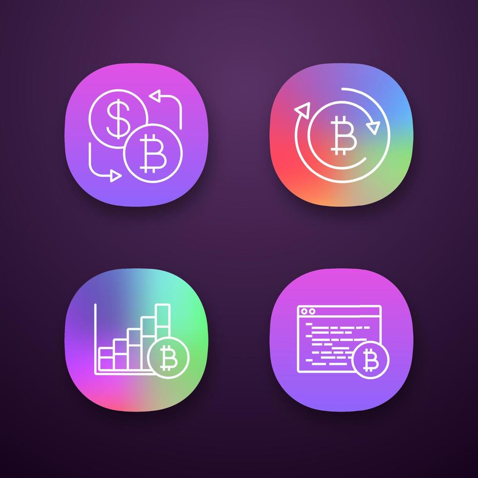 bitcoin cryptocurrency app pictogrammen instellen. ui ux-gebruikersinterface. valutawissel, bitcoin-terugbetaling, marktgroeigrafiek, mijnsoftware. web- of mobiele applicaties. geïsoleerde vectorillustraties vector