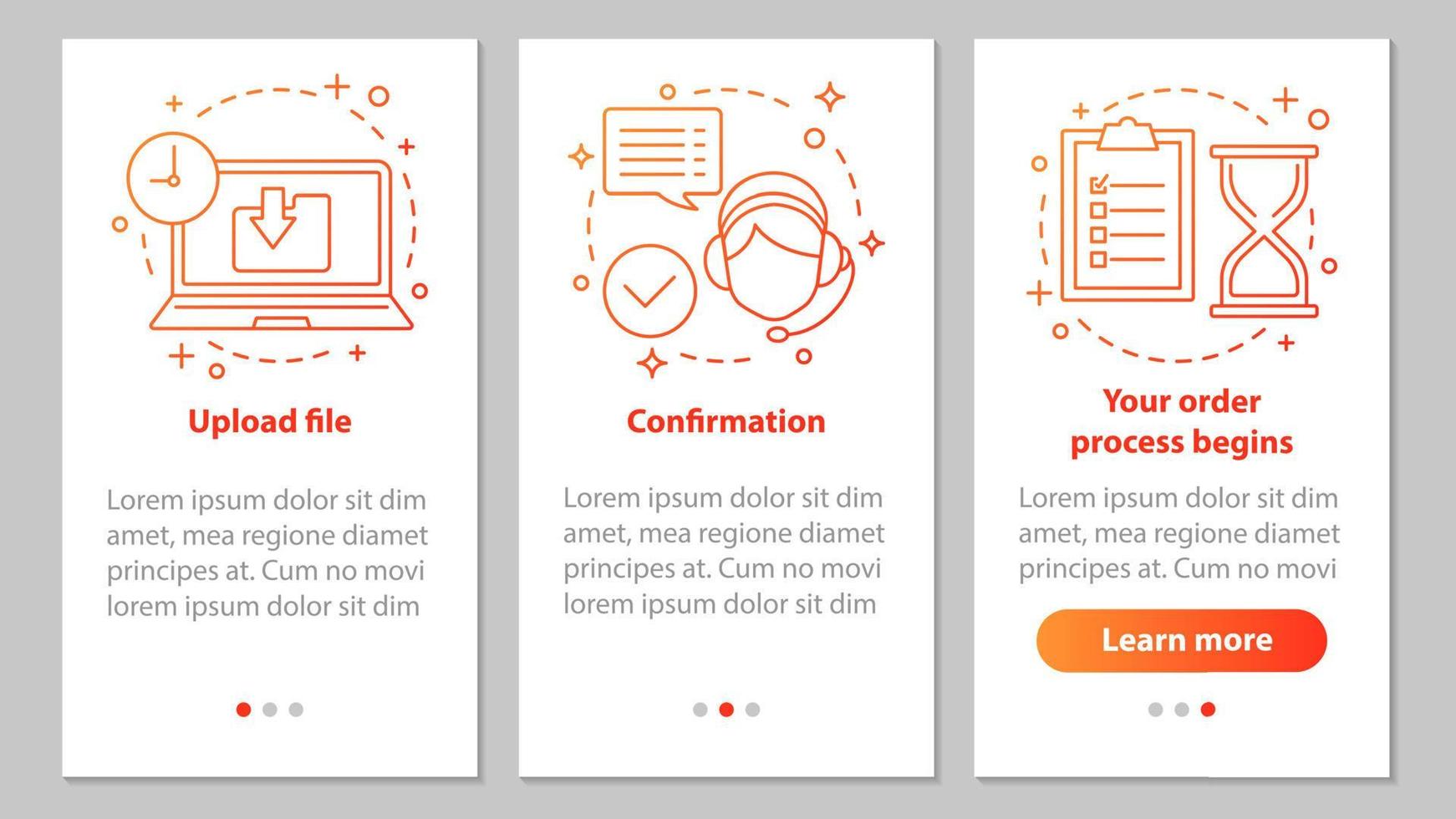 klantenondersteuning onboarding mobiele app paginascherm met lineaire concepten. upload bestand, bevestiging, orderverwerking. digitale servicestappen grafische instructies. ux, ui, gui vectorillustraties vector