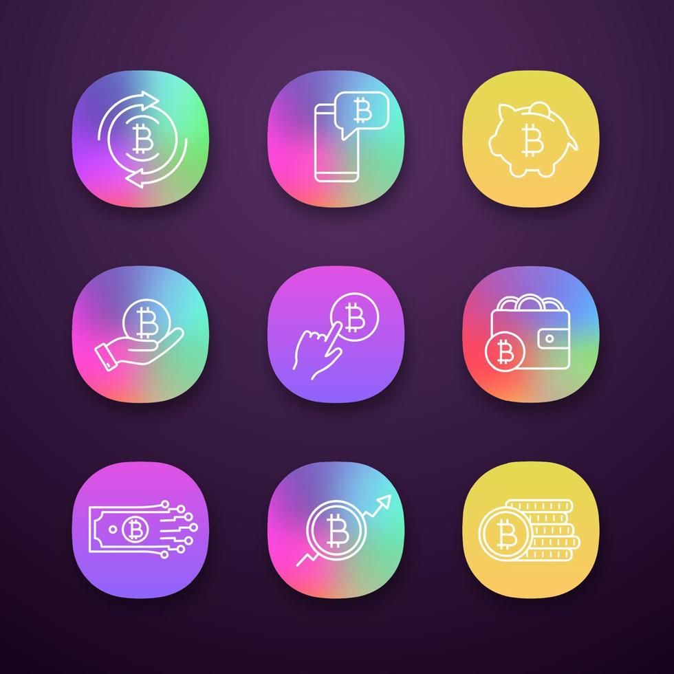 bitcoin cryptocurrency app pictogrammen instellen. ui ux-interface. bitcoin-uitwisseling, cryptocurrency-chat, spaarvarken, betalen per klik, portemonnee, digitaal geld, marktgroei, muntenstapel. vector geïsoleerde illustratie