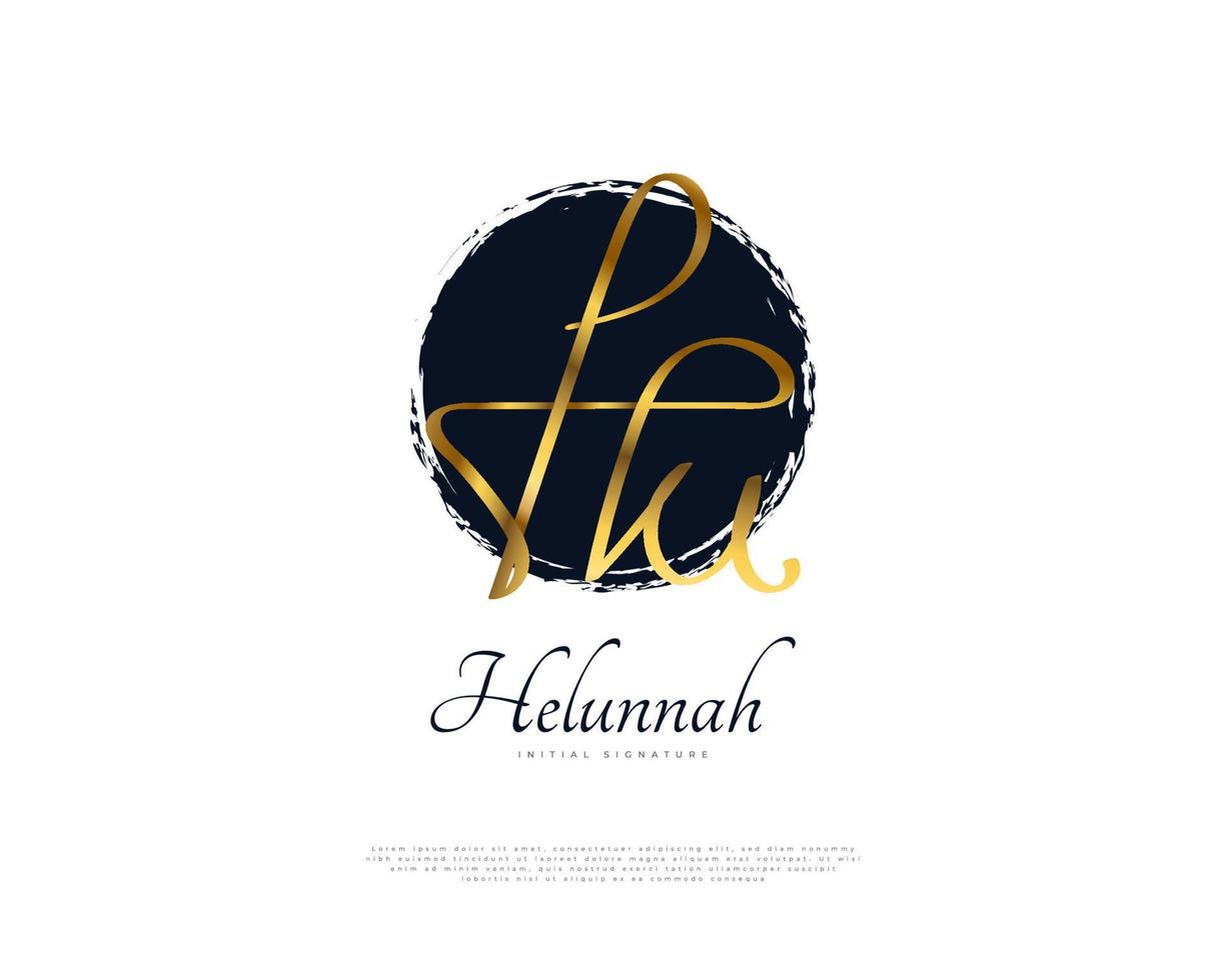 eerste h en u-logo-ontwerp in gouden handschriftstijl. hu handtekening logo of symbool voor bruiloft, mode, sieraden, boetiek en zakelijke merkidentiteit vector