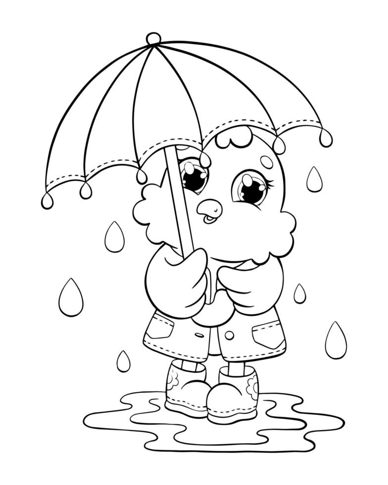 een kleine schattige kip staat onder een paraplu. kleurboekpagina voor kinderen. stripfiguur in stijl. vectorillustratie geïsoleerd op een witte achtergrond. vector