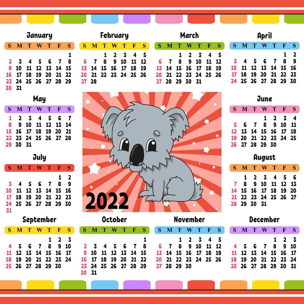 kalender voor 2022 met een schattig karakter. leuk en helder ontwerp. geïsoleerde kleur vectorillustratie. cartoon-stijl. vector