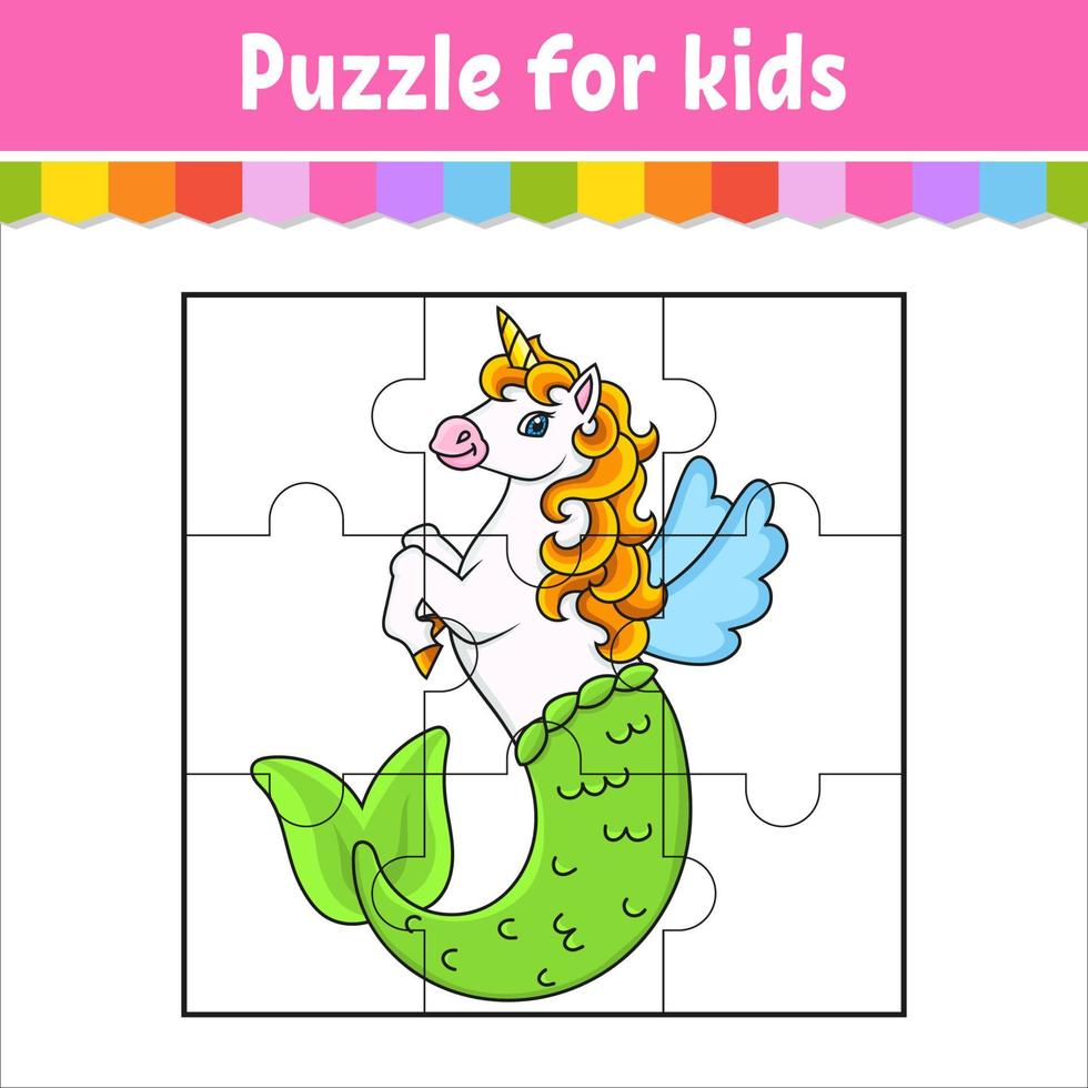 puzzelspel voor kinderen. schattige zeemeermin eenhoorn. puzzel stukjes. kleuren werkblad. activiteiten pagina. geïsoleerde vectorillustratie. cartoon-stijl. vector