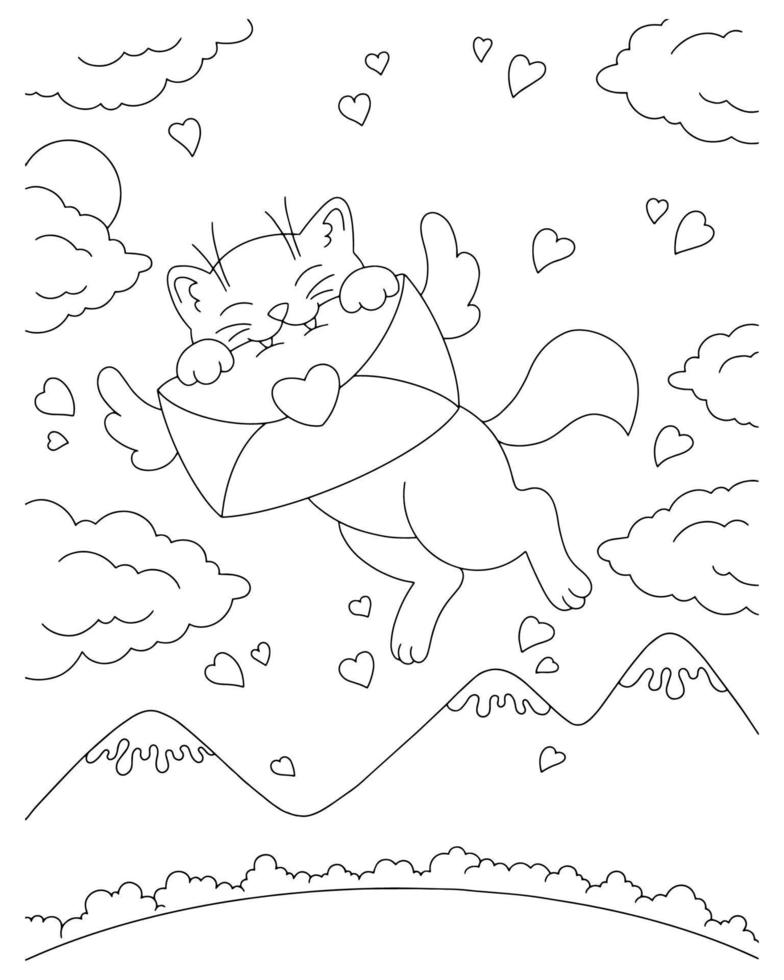 cupido kat draagt een liefdesbrief. kleurboekpagina voor kinderen. Valentijnsdag. stripfiguur in stijl. vectorillustratie geïsoleerd op een witte achtergrond. vector