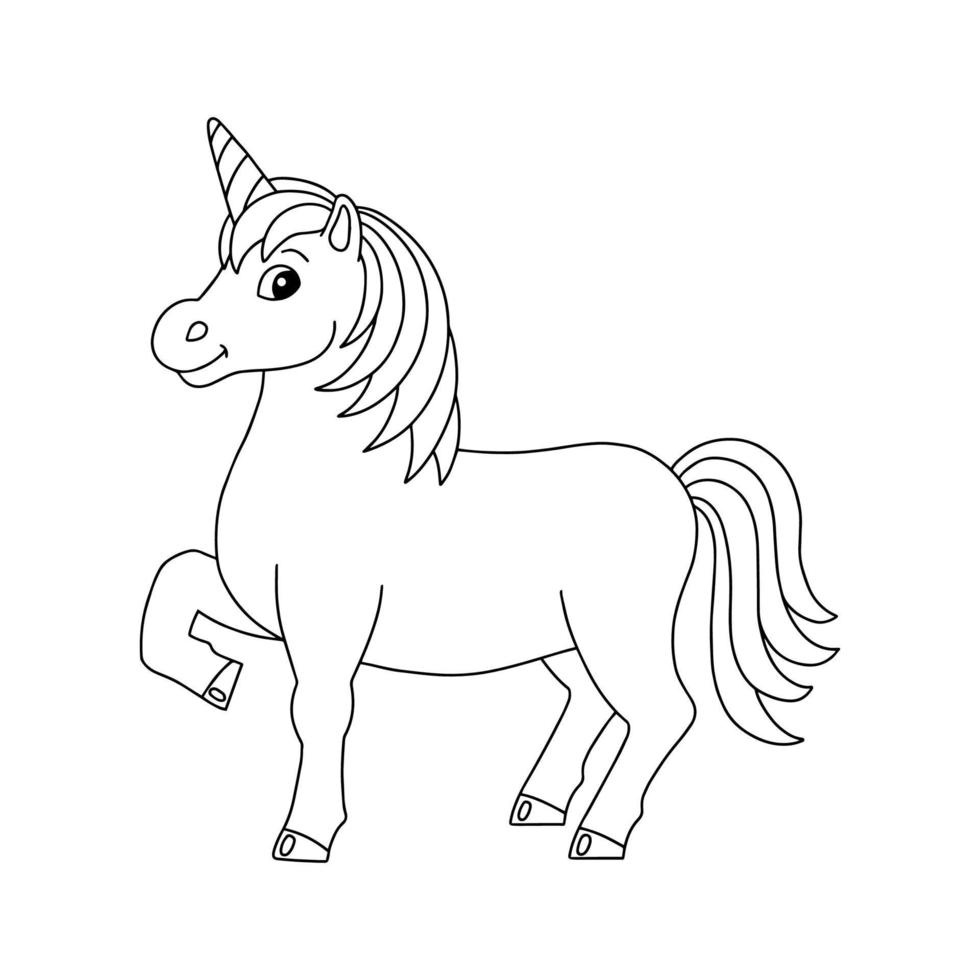 magische fee eenhoorn. leuk paard. kleurboekpagina voor kinderen. stripfiguur in stijl. vectorillustratie geïsoleerd op een witte achtergrond. vector