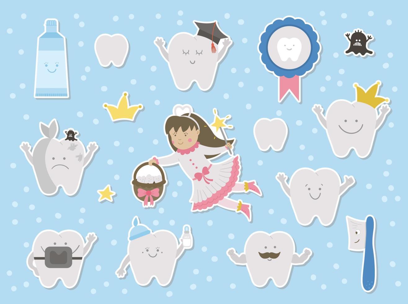 schattige tandenfee stickers set. kawaii-fantasieprinses met grappige lachende tandenborstel, kies, medaille, tandpasta, tanden. grappige tandheelkundige zorg foto voor kinderen. tandarts baby kliniek clipart vector