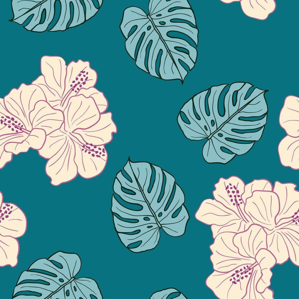 hibiscus bloemen en bladeren naadloze patroon achtergrond. tropische natuur inpakpapier of textielontwerp. mooie print met handgetekende exotische bloem. vector