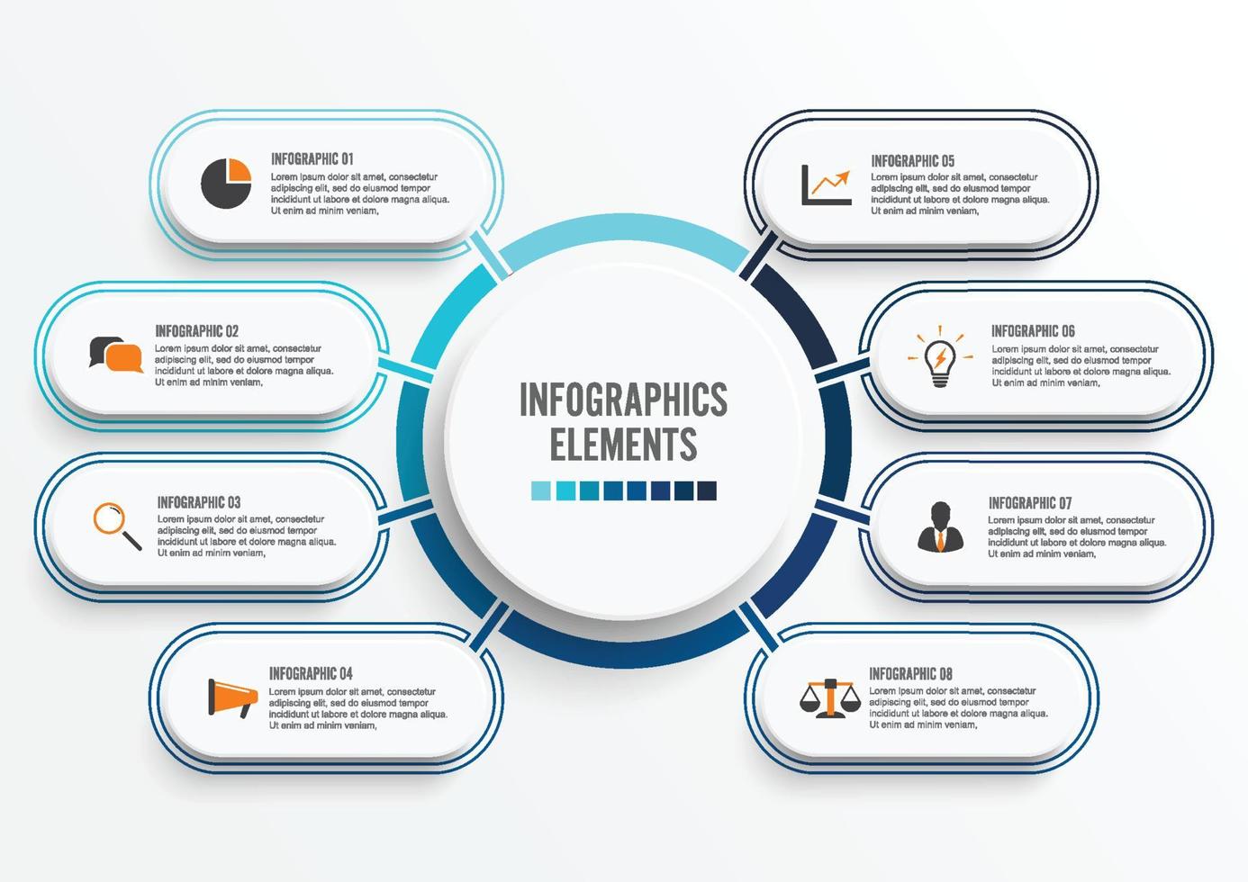 vector infographic sjabloon met 3D-papieren label, geïntegreerde kringen. bedrijfsconcept met 8 opties. voor inhoud, diagram, stroomdiagram, stappen, onderdelen, tijdlijninfographics, workflow, grafiek.