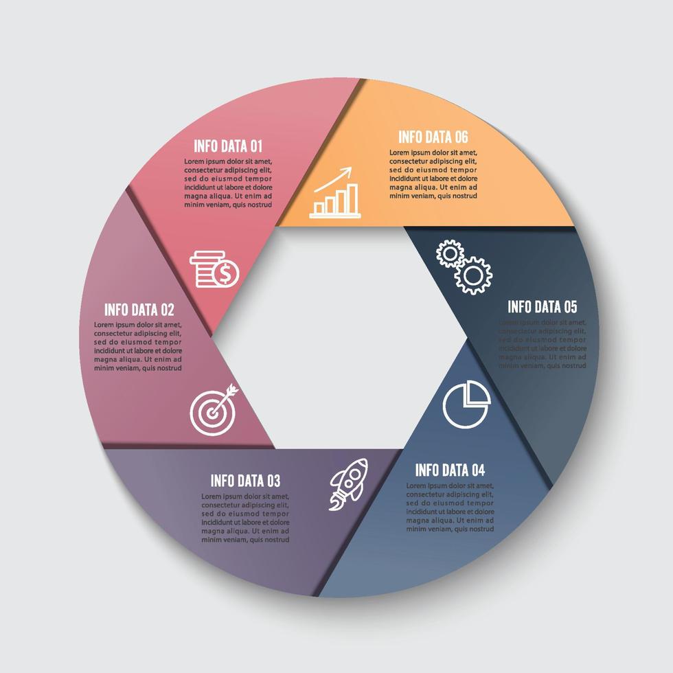 vector infographic ontwerpsjabloon. bedrijfsconcept met 6 opties, onderdelen, stappen of processen. kan worden gebruikt voor werkstroomlay-out, diagram, nummeropties, webdesign. data visualisatie.