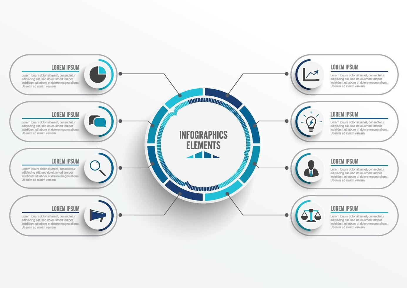 vector infographic sjabloon met 3D-papieren label, geïntegreerde kringen. bedrijfsconcept met 8 opties. voor inhoud, diagram, stroomdiagram, stappen, onderdelen, tijdlijninfographics, workflow, grafiek.