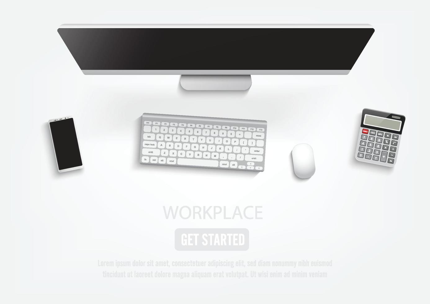realistische werkplek desktop. bovenaanzicht bureautafel, personal computer met toetsenbord, smartphone, stickers, bril, open notitie. illustratorvector. vector