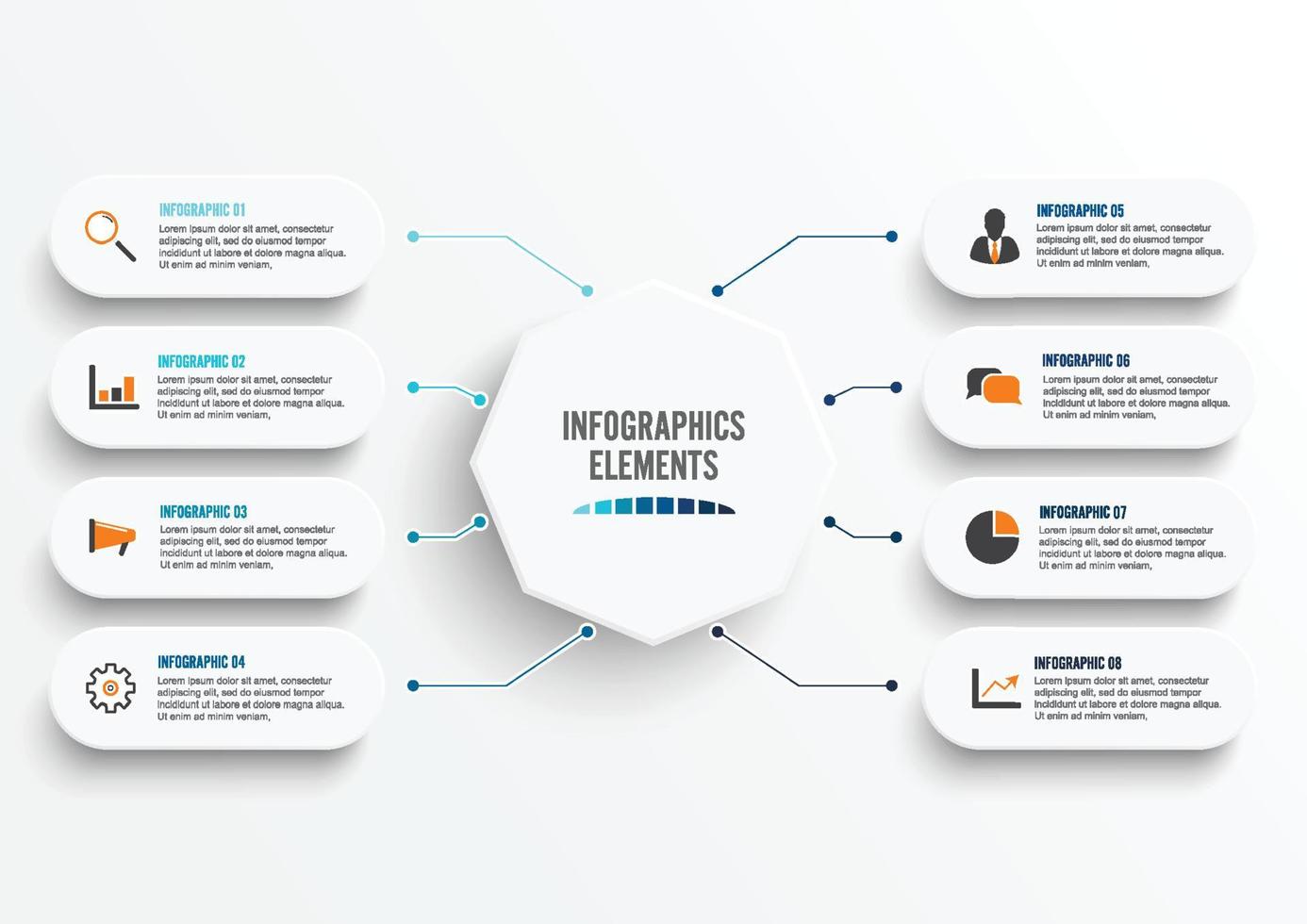 vector infographic sjabloon met 3D-papieren label, geïntegreerde kringen. bedrijfsconcept met 8 opties. voor inhoud, diagram, stroomdiagram, stappen, onderdelen, tijdlijninfographics, workflow, grafiek.