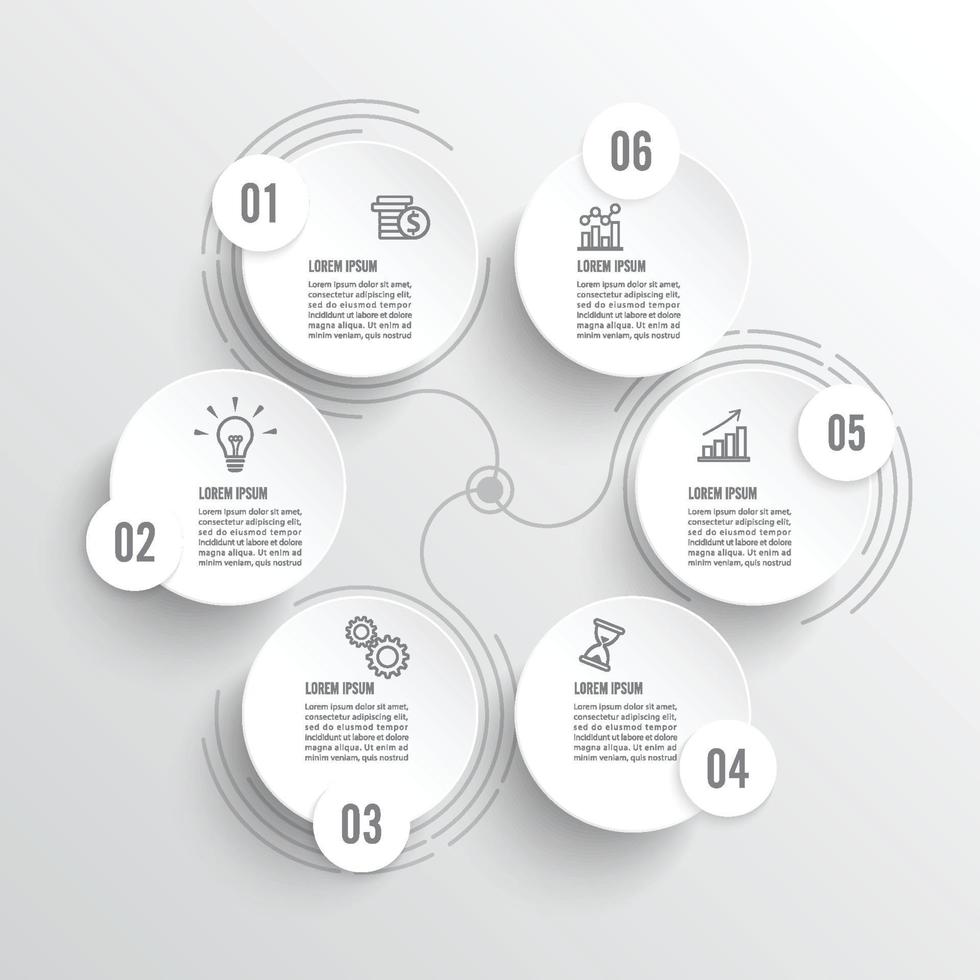 vector infographic sjabloon met 3D-papieren label, geïntegreerde cirkels. bedrijfsconcept met 6 opties. voor inhoud, diagram, stroomdiagram, stappen, tijdlijninfographics.