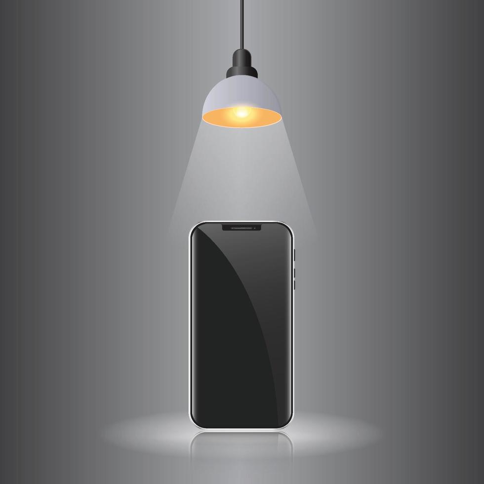 smartphone zwart op grijze achtergrond met hangende verlichtingslamp grote ruimte voor uw abstracte ontwerp vector