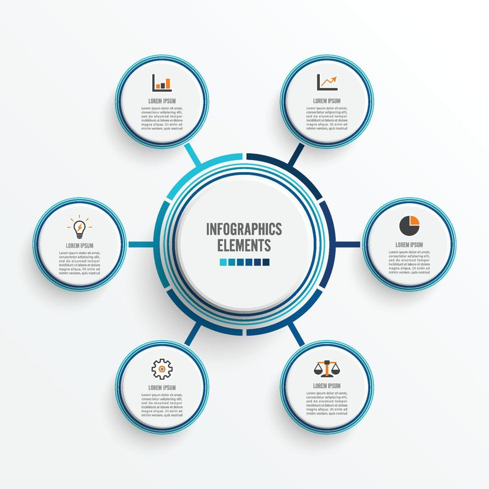 vector infographic sjabloon met 3D-papieren label, geïntegreerde kringen. bedrijfsconcept met 6 opties. voor inhoud, diagram, stroomdiagram, stappen, onderdelen, tijdlijninfographics, workflow, grafiek.