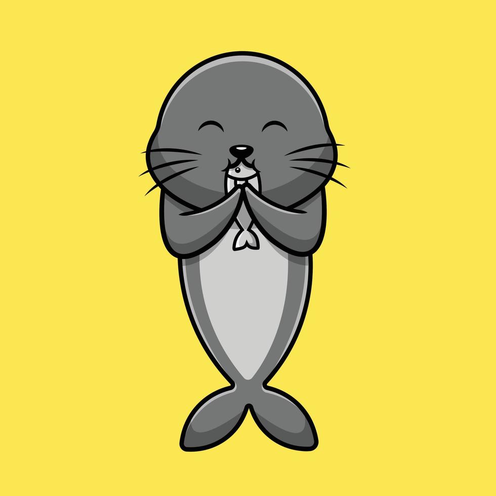 schattige zeehonden eten vis cartoon vectorillustratie pictogram. dierlijk voedsel pictogram concept geïsoleerde premium vector. vector